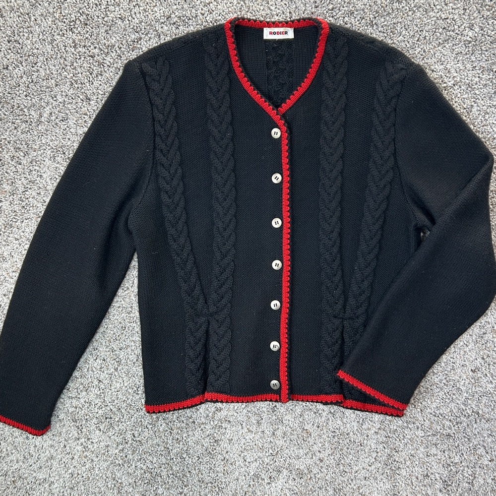 RODIER Vintage Cardigan, Cable Knit Pleat Detail, Red Trim, Metal Buttons Size M